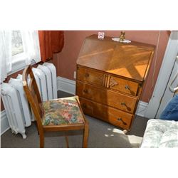 Antique English oak three drawer drop front desk with fitted interior
