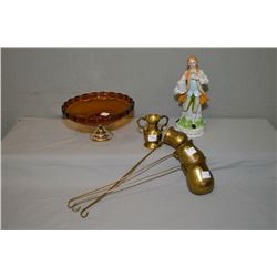 Porcelain Staffordshire figurine and a pressed glass comport plus a three brass spirit ladles includ