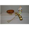 Image 1 : Porcelain Staffordshire figurine and a pressed glass comport plus a three brass spirit ladles includ