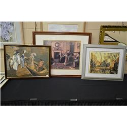 Three framed prints including family music night, leisure boat ride and a canal side village