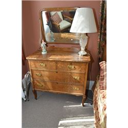 Antique quarter cut oak four drawer dresser with bevelled mirror