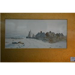 Antique framed watercolour of a seaside village. No artist signature found