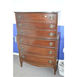Six drawer mid 20th century mahogany highboy with original pulls