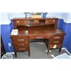 Image 1 : Antique quarter cut oak double pedestal desk with interesting topper with stationary drawers, cubby 
