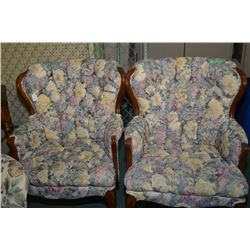 Two Vintage button tufted floral upholstered lady's wingback chairs