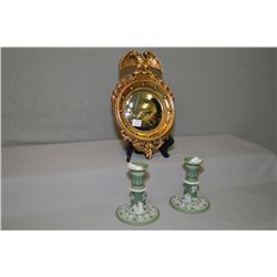 Pair of vintage Wedgwood Jasperware candlesticks and a small gilt framed concave mirror