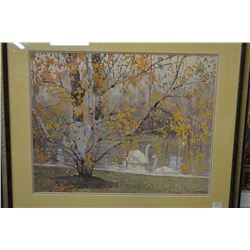 Framed W. J. Phillips print fall scene and swans in the lake