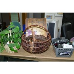 Selection of vintage woven baskets, selection of clock radios and an electric heater