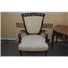 Image 1 : Antique open arm upholstered parlour chair with delicately carved supports and back decoration