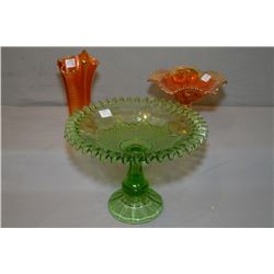 Three pieces of vintage pressed glass including green comport with ruffled edge 8 1/2  in height, a 