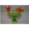 Image 1 : Three pieces of vintage pressed glass including green comport with ruffled edge 8 1/2" in height, a 