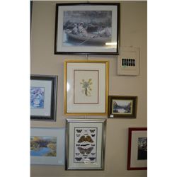 Three framed prints including a boating threesome, butterfly collection and a floral