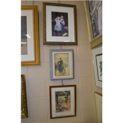 Three framed prints including a romantic walk, listening to the ocean and teatime