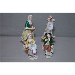 Two pairs of Dresden porcelain figures including 7" figures and 4 1/2" figures