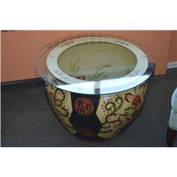 Large hand painted porcelain fish motif bowl with glass top used as occasional table