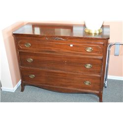 Regency style mahogany three drawer bedroom chest with original finish and pulls