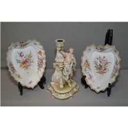 A pair of Dresden glass porcelain berry bowls and a German porcelain rococo style figural candlestic
