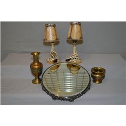 Selection of vintage collectibles including metal stand with bevelled mirror top, two pairs of paint