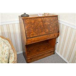 Quarter cut oak drop front desk with drawers and pigeon hole fitted interior