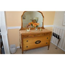 Antique Birdseye maple five drawer mirrored dresser and double sized headboard with original finish