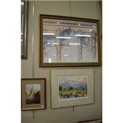 Three framed prints including cityscape, working in the fields and an architectural theme print