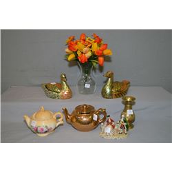 Selection of collectibles including teapots, vases, porcelain figurine, etc