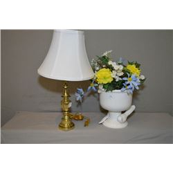 Bird motif planter and a small brass coloured table lamp