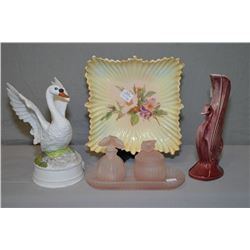 Selection of collectibles including hand painted plate, dresser set, bird and vase
