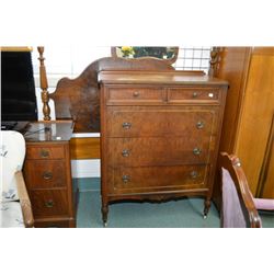 Antique walnut four drawer highboy and double sized poster headboard, footboard and rails, Note matc