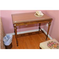 Antique walnut small library table with turned supports and stretchers and fretwork center stretcher