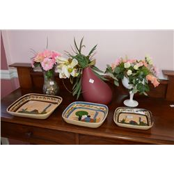 Three hand painted ceramic plates with pictorial themes plus a comport and two vases