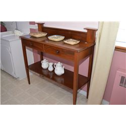 Antique two drawer sideboard/server. Note: Candle platforms and plate groove(?)