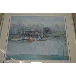 Framed limited edition print of boats in a harbour 332/750 signed by artist Jean Kalisch