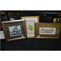 Three framed prints including still life and a group of seven