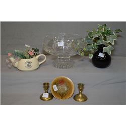 Selection of collectibles including brass candlesticks, teapot, crystal bowl, etc.