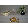 Image 1 : Selection of collectibles including brass candlesticks, teapot, crystal bowl, etc.