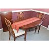 Image 1 : Semi contemporary oval dining table with insert leaf and six mismatched upholstered seat dining chai