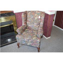 Tapestry upholstered wingback with cabriole feet
