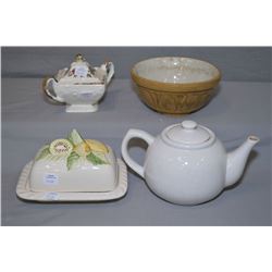 Selection of collectibles including a cheese keep, devilled egg server, stoneware bowl, etc