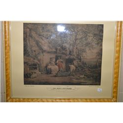 Antique framed coloured engraving of a painting by G. Morland titled "The Happy Cottagers"