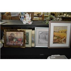 Five framed prints including still lives, church scene, cottage, etc