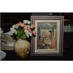 Framed print "Afternoon Tea' and a cherub motif vase