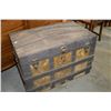 Image 1 : Antique dome topped steamer trunk with wooden binding and fitted shelf