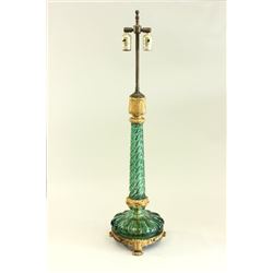 Green Glass & Bronze Candlestick Mounted as Lamp