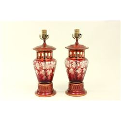 Pair of Cranberry Bohemian Glass lamps