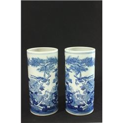 Pair of Blue & White Cylinder Vases