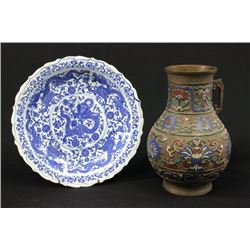 Cloisonne Vase and Blue & White Porcelain Dish