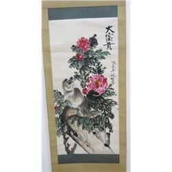 Chinese Floral Scroll with Cat