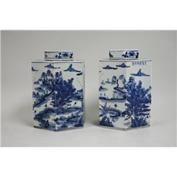 Pair of Chinese Blue & White Covered Jars