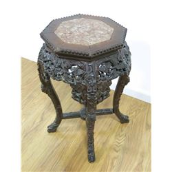 Heavily Carved Chinese Teak & Marble Top Stand